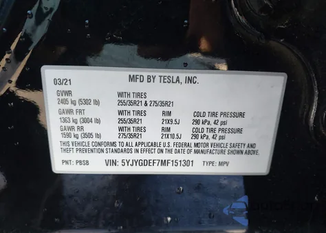 2021 Tesla Model Y Performance Dual Motor All-Wheel Drive z USA, uszkodzony, nr VIN 5YJYGDEF7MF151301